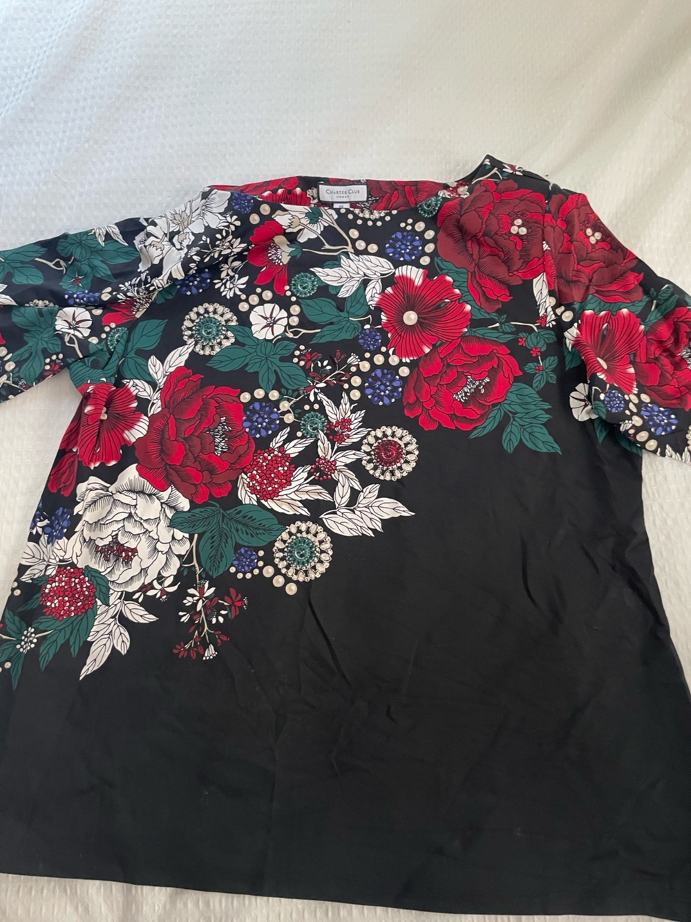 Charter Club Black Floral Puff-Sleeve Blouse with Red & Green Accents